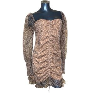 ACOA Leopard Print Long Sheer Sleeve Ruched Dress Minimalist Bubble Sleeve